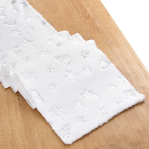 Christmas Sequin Faux Fur Table Runner Silver Snowflake 13x72 Inch - White & Silver Variation