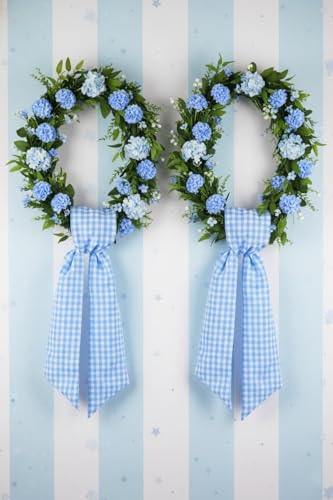 Blue and White Checkered Wreath Sash (2-Pack) - 54" Plaid Front Door Ribbon