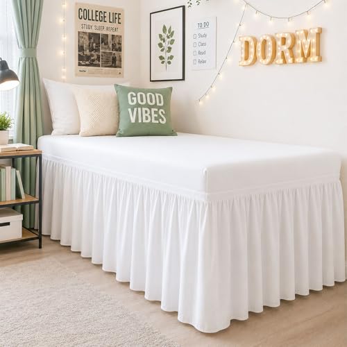 Twin XL Ruffled Bed Skirt with 32 Inch Drop - Wrap Around Dust Ruffle, White