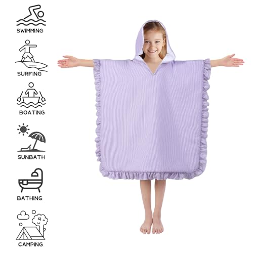 Kids Hooded Beach Towel, Purple Seersucker Microfiber Swim Poncho 30x30