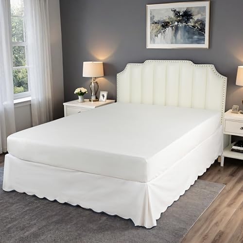 Queen Bed Skirt Scalloped Edge Pleated Dust Ruffle with Anti-Slip Top
