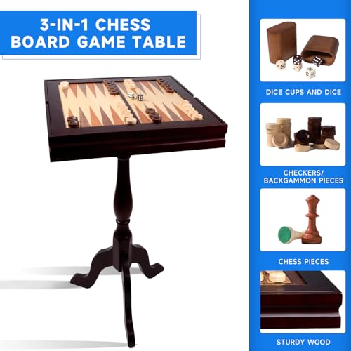 3-in-1 Wooden Chess, Checkers and Backgammon Game Table with Storage
