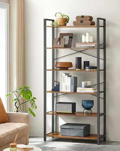 6-Tier Industrial Bookshelf with Steel Frame, Rustic Brown and Black