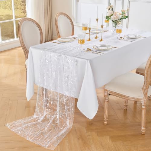 White Silver 3-Piece 29x120 Inch Metallic Foil Tulle Table Runners for Weddings & Parties