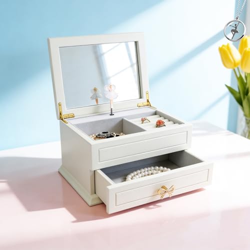 Wooden Musical Jewelry Box with Ballerina, Mirror and Drawer, 9.6-inch