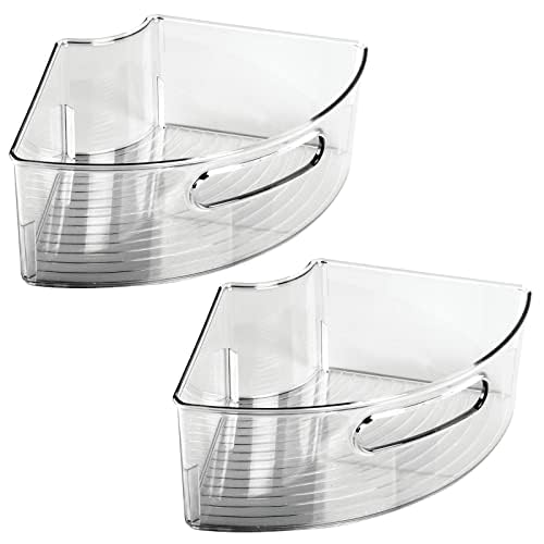 mDesign Plastic Lazy Susan Cabinet Storage Bin with Front Handle for Kitchen Countertop, Pantry, Shelf, Fridge Organization - Hold Food, Drinks, Snacks - Ligne Collection - 2 Pack - Smoke Gray Tint