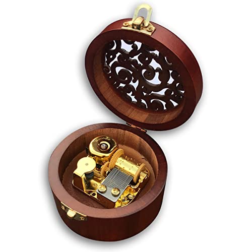 Circular Wooden Music Box with Wind-Up Mechanical Movement