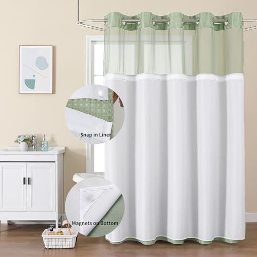 Sage Green Waffle Shower Curtain Set with Snap-in Liner, 72x75