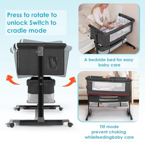 3-in-1 Convertible Bedside Bassinet with Swivel Wheels - Dark Gray