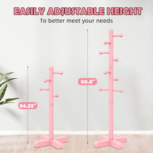 8-Hook Freestanding Wooden Coat Rack, Adjustable Height Pink Coat Tree