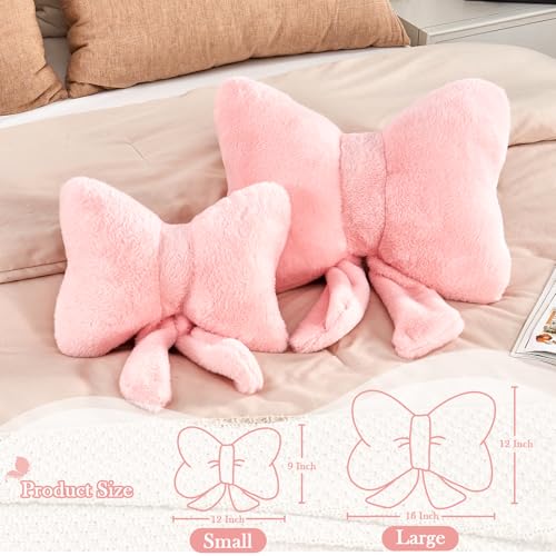 Pink Bow Throw Pillow, Soft Faux Rabbit Fur Decorative Bow Shaped Cushion