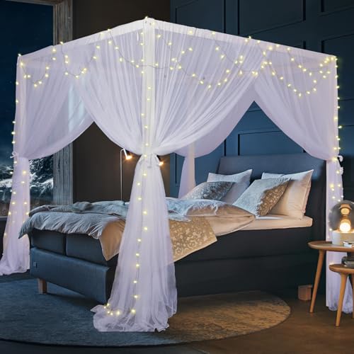 4 Corner Post Canopy Bed Curtains for King & Queen Beds, Soft White