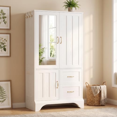 3-Door Wooden Wardrobe Armoire with Mirror, Hanging Rod and Drawers