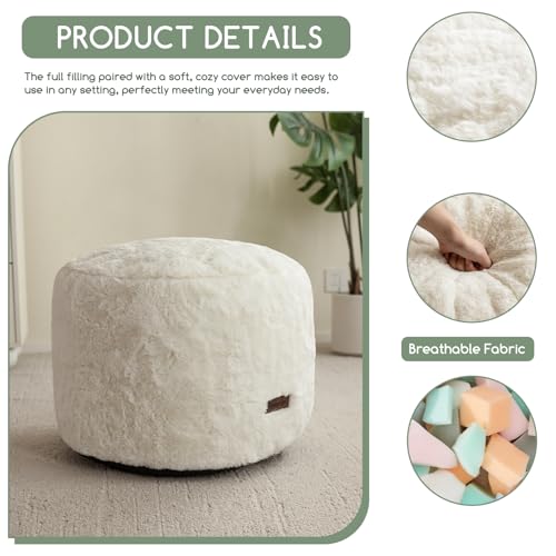 Fluffy Round Pouf Ottoman, 20-Inch Foam Filled Foot Rest Stool, Beige