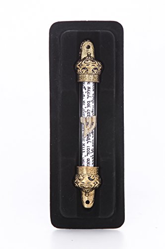 5-Inch Gold-Plated Mezuzah Case with Glass Window and Decorative Scroll