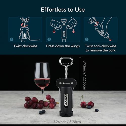 KITCHENDAO Black 3-in-1 Wing Corkscrew & Bottle Opener - Easy Wine & Beer Opening