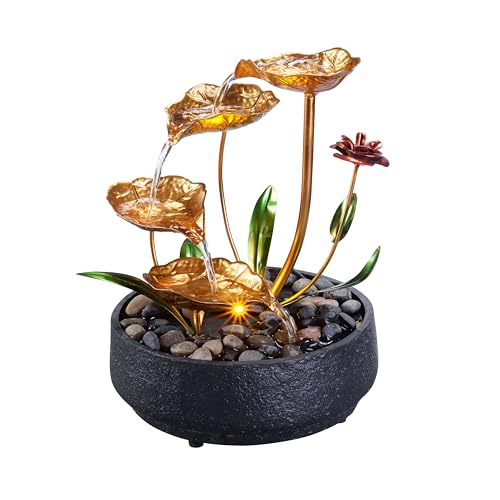Metal Lotus Tabletop Water Fountain with Warm LED Light - Indoor Zen Decor