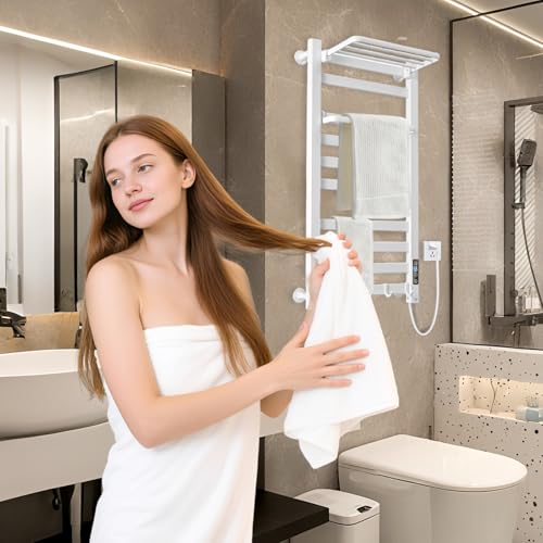 10-Bar Electric Heated Towel Rack with Shelf and LED Timer - Wall Mounted