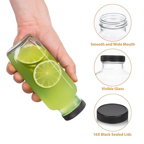 16 oz Glass Juice Bottles with Lids, Set of 3 Leakproof Reusable Containers