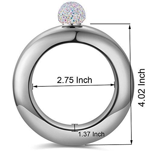 Qingo Silver Rhinestone Lid Bracelet Flask with Funnel 3.5 oz Stainless Steel