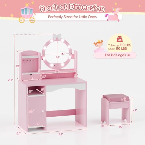 Kids Vanity Table and Chair Set with Lighted Mirror and Storage - Pink