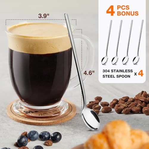 Set of 4 Glass Coffee Mugs 15 Oz with Handles for Hot Beverages
