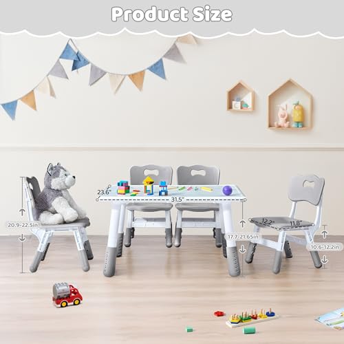 DOREROOM Toddler Table and 4 Chairs Set 31.5''L x 23.6''W Marble Top Grey No-Screw Legs