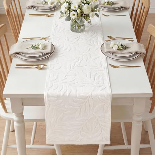 White Cotton 3D Leaves Table Runner 13x72 Inch Holiday Kitchen Decor