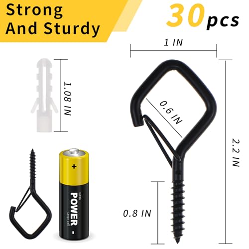 2.2-Inch Screw-In Hanger Hooks with Safety Buckle - 10 Pack, Black
