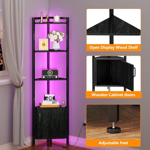 5-Tier Corner Bookshelf with LED Lighting and Storage Cabinet, 62.8-Inch Tall