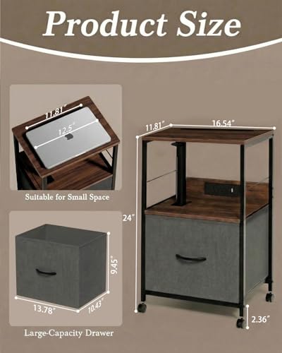 Swivel Top Nightstand with Charging Station and Fabric Drawer, Rolling Table