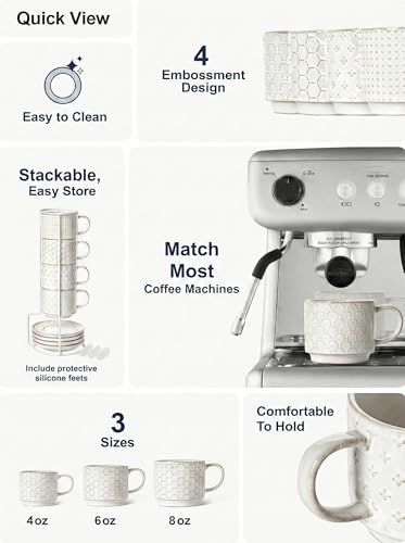 LE TAUCI 4 oz Stackable Espresso Cups with Saucers & Stand - Ceramic Double Shot, Macchiato, Lungo, Ristretto Set, Microwave & Oven Safe - White Embossed