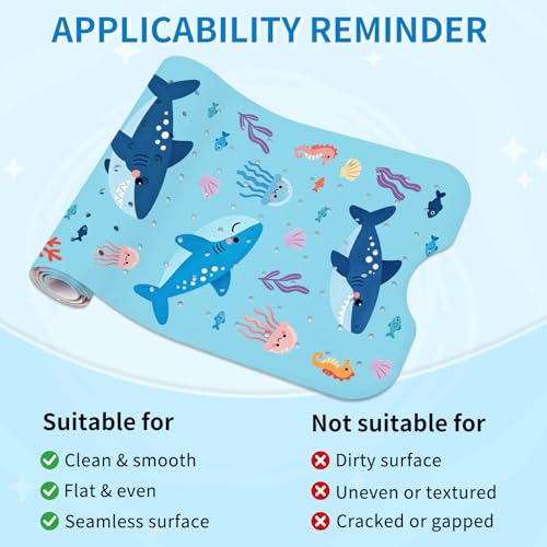 Shark Bath Mat for Tub, Extra Long Non-Slip Shower Mat with Suction Cups