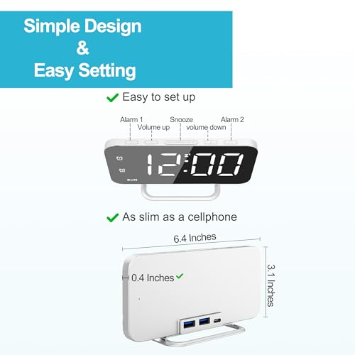 Slim LED Digital Alarm Clock with Mirror Surface & Dual USB Ports