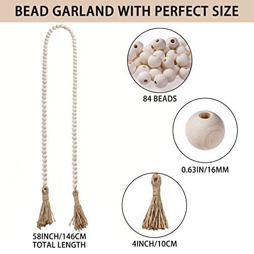 58-Inch Farmhouse Wood Bead Garland with Tassel for Boho Home Decor