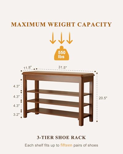 3-Tier Rubberwood Shoe Storage Bench with Flip-Top Hidden Compartment