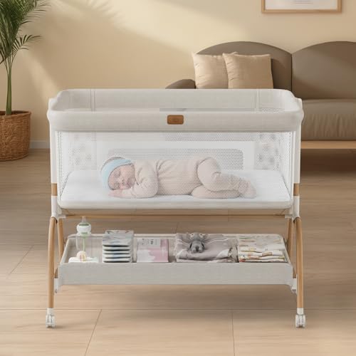 3-in-1 Bedside Bassinet Sleeper for Newborns - 6-Height Adjustable Crib, Beige