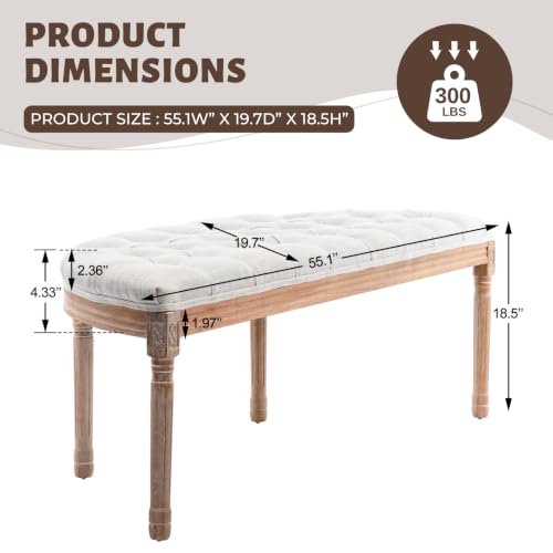 55-Inch Button-Tufted Half-Moon Dining Bench, Upholstered Linen Seat