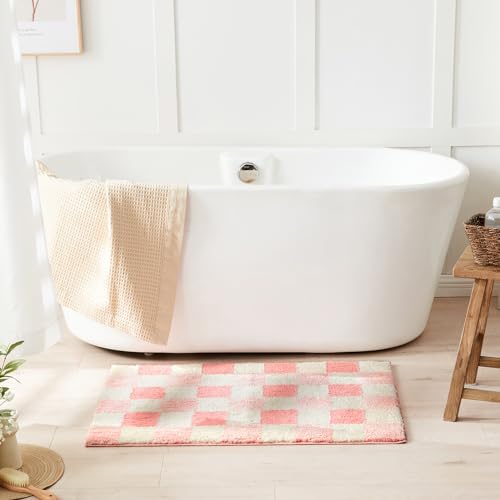 CozeCube Blossom Pink Checkered Bath Mat 24"x16" Non-Slip Shaggy Rug