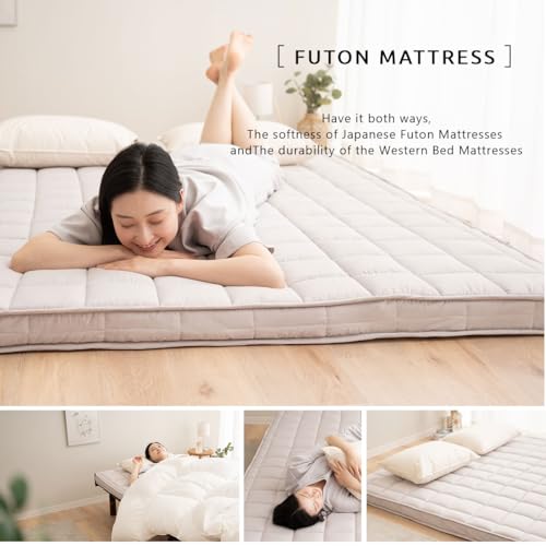 Japanese Padded Futon Mattress, Queen Size Foldable Floor Sleeping Bed