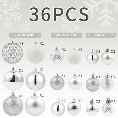 36-Piece Shatterproof Christmas Tree Ornaments - Silver Holiday Baubles Set