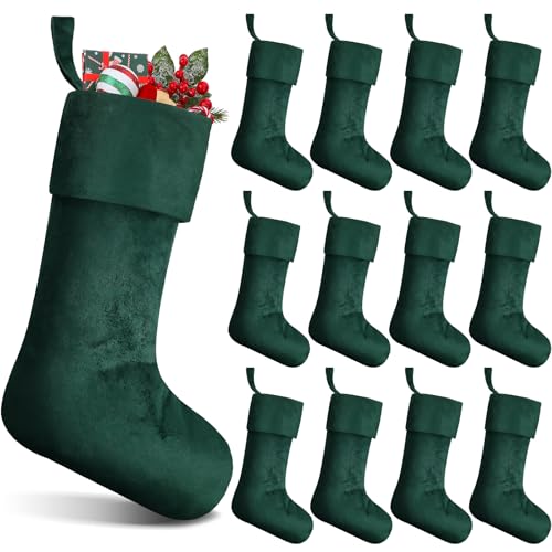 Large Velvet Christmas Stockings - 12 Pack, 18 Inch Dark Green Holiday Decor