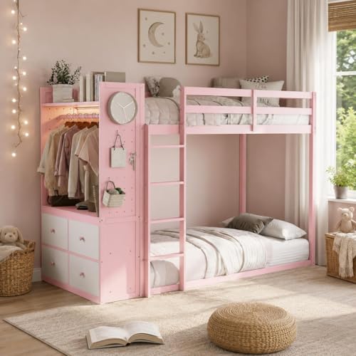 Twin Over Twin Wooden Bunk Bed with Storage Drawers and LED Lights