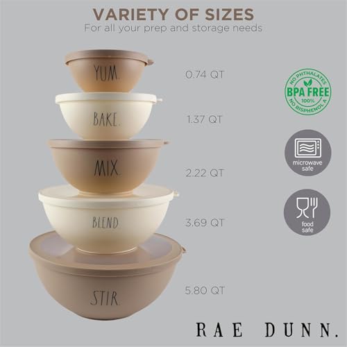 Rae Dunn Mixing Bowls with Lids - 10 Piece Plastic Nesting Bowls Set includes 5 Prep Bowls and 5 Lids (Brown)