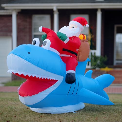 TIUIRE 8.5FT Outdoor Inflatable Santa Riding Shark Christmas Yard Decor - Funny Xmas Blow Up