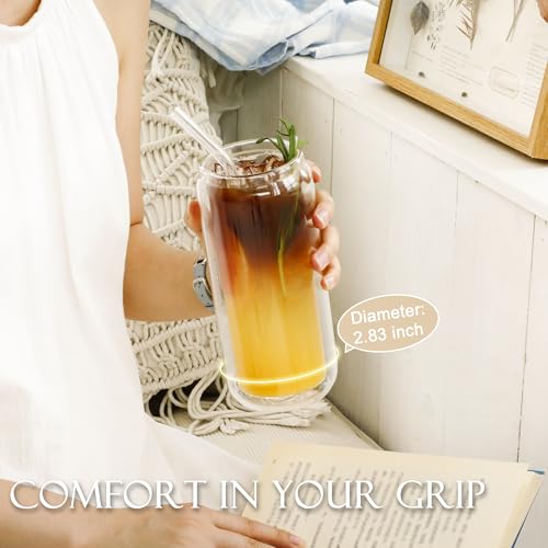 16oz Double Wall Glass Tumbler with Bamboo Lid and Straw - Insulated Cup