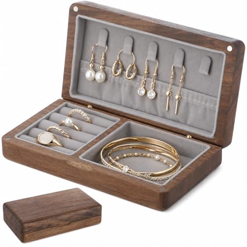 Small Walnut Wooden Jewelry Box, Travel Jewelry Organizer Case