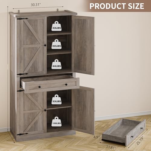 Tall Kitchen Pantry Cabinet with Barn Doors, White Storage Organizer