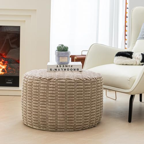 Round Foam Filled Pouf Ottoman, 20x14 Inch Fluffy Footrest Stool
