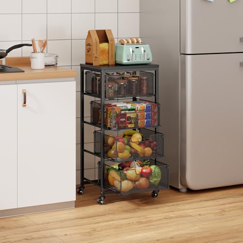 4-Tier Rolling Kitchen Storage Cart with Wooden Top & Wire Baskets